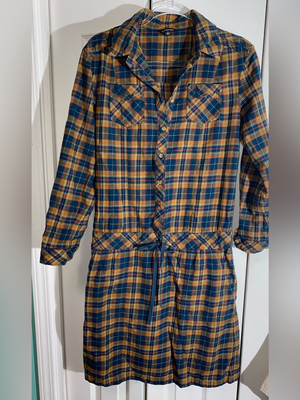 J Peterman Shirt Dress 8 M Plaid Flannel Mini Long Sleeve Button AA22